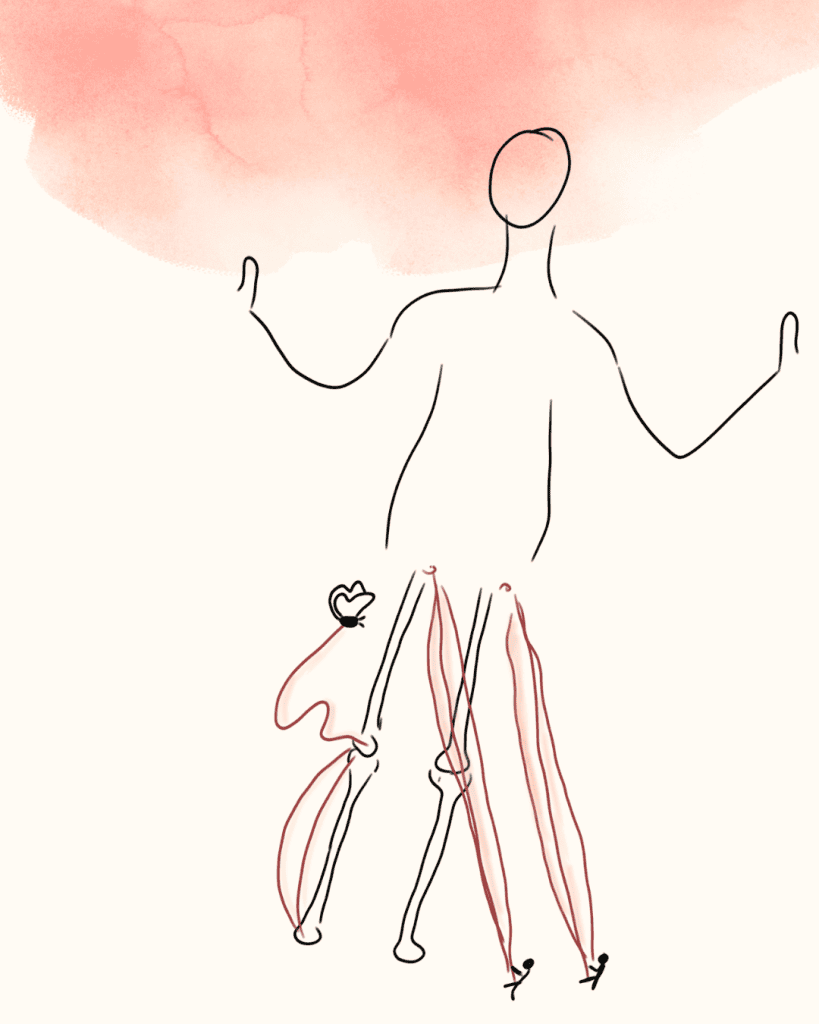Line drawn abstract human figure with feet-less leg bones held tenuously by red strings. A butterfly has detached a loosely waving hamstring string, and little tiny people on the ground are pulling forward on strands attached at the hip.
